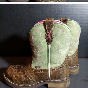 JUSTIN Gypsy Womens Cowboy Western Boots Brown Leather Saddle Green Sz 7 B